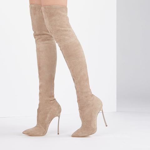 azmodo Suede Pointed Toe Stiletto Heel Thigh High Boots