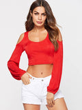 Cold Shoulder Scoop Neck Lantern Sleeve Women's Crop T-Shirt